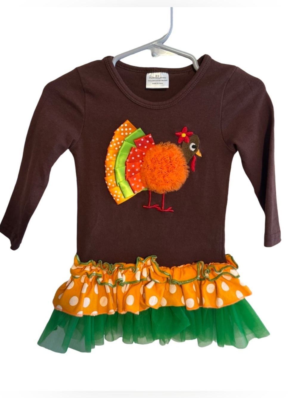 Boutique Thanksgiving Turkey Dress Top Brown Orange Applique Polka Dot XS